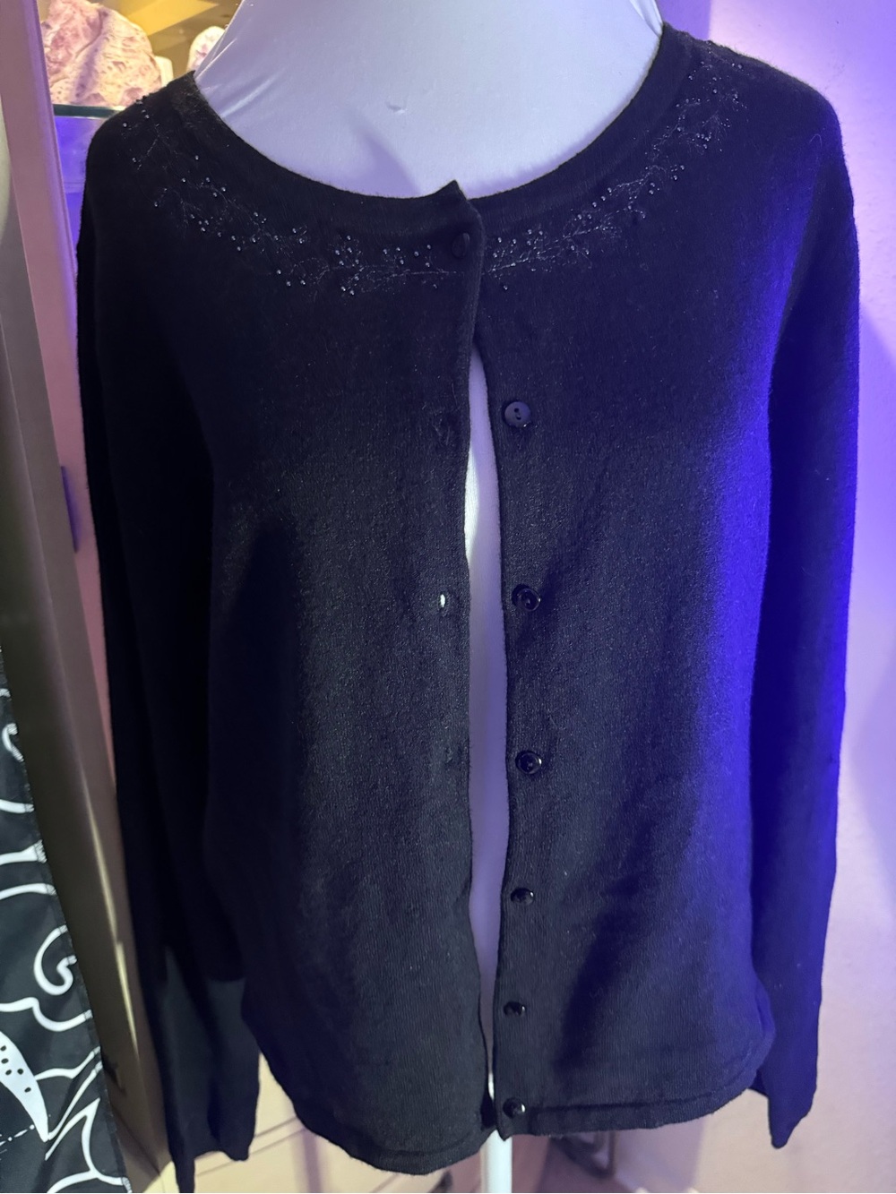 Vintage G.H. Bass Beaded Collar Knit Cardigan Sweater Size Large L Black - Picture 4 of 6